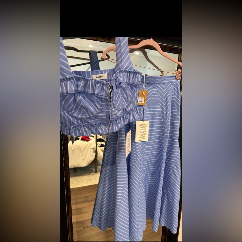 NWT Sandro Blue Striped Ruffle Corset Top & Midi Skirt Set - Picture 6 of 7